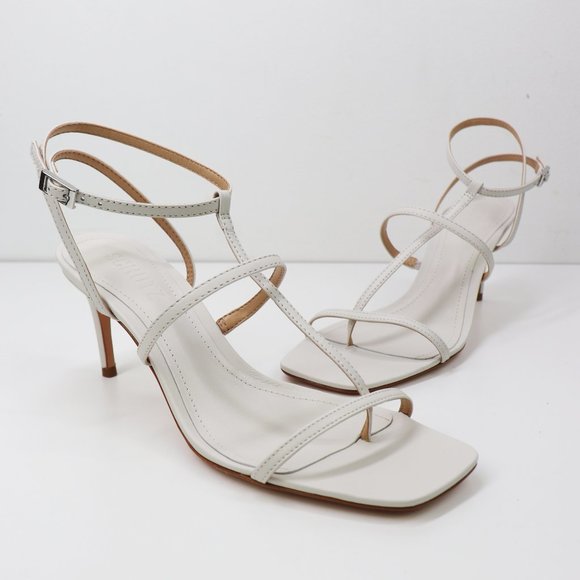 NWT Schutz Ameena Leather T-Strap Sandals Ankle Strap Kitten Heel Pearl Cream 7 - Picture 7 of 9